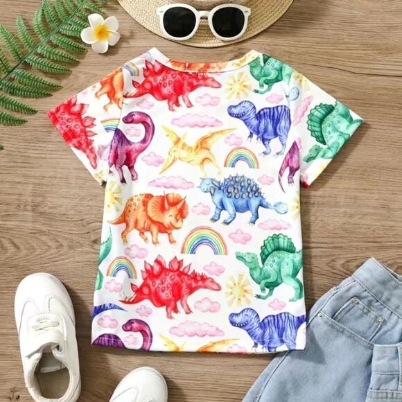 Girls T-Shirts Colorful Dinosaurs Graphic Tees Casual Fit Summer Tops red - Picture 2 of 8